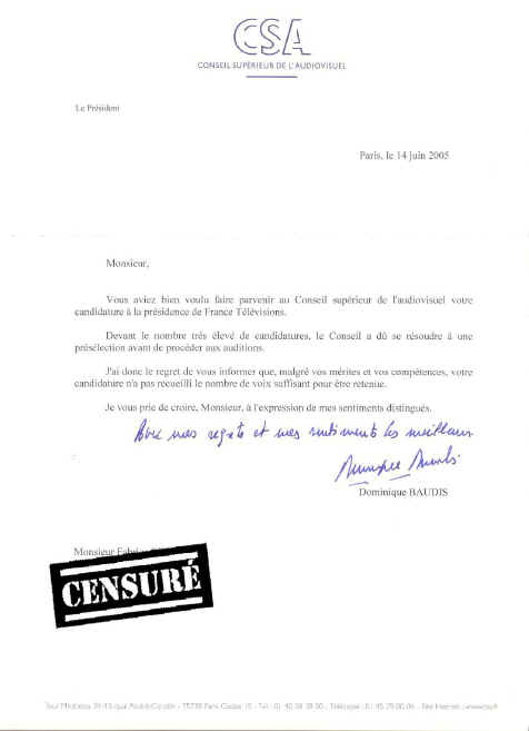 Lettre du CSA... Ma candidature à la présidence de France Télévisions n'est pas retenue !